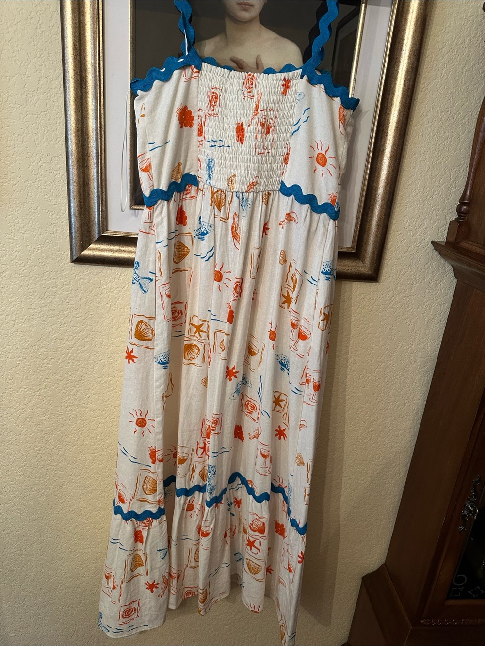 CeCe Cream Maxi Dress with Blue Trim and Orange Print Detail - Picture 8 of 10